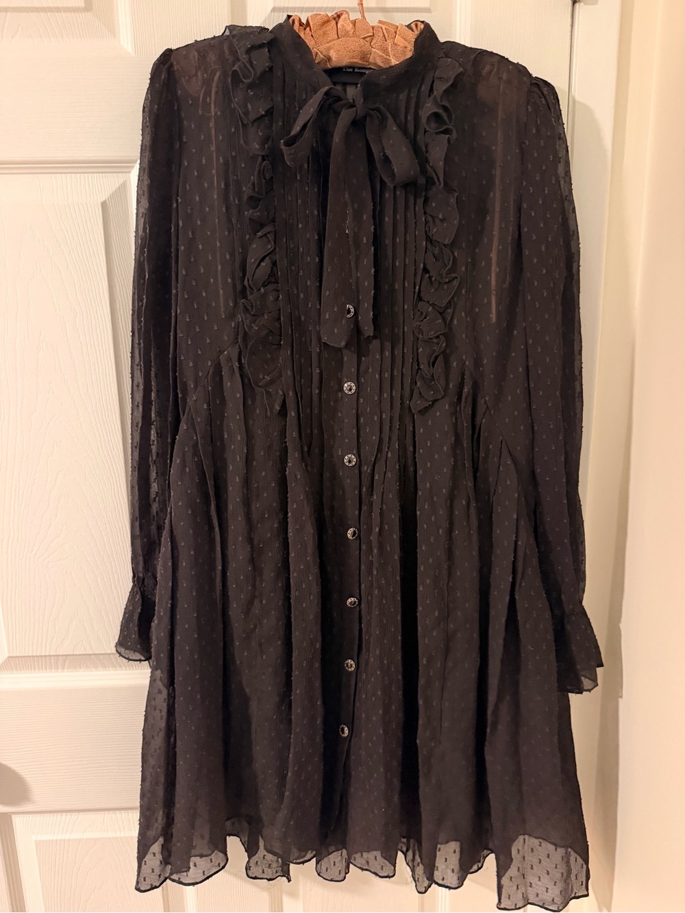 The Kooples Black Ruffle Tie-Neck Long Sleeve Dress